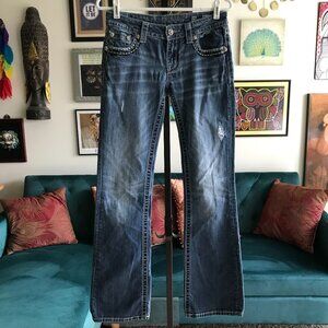 MISS ME size 27 Stretch Low Rise Embellished Peace Signs Signature Boot Jeans